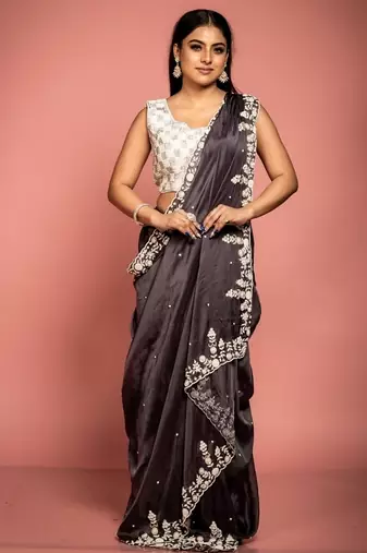 grey woven organza sequins work all seasons sarees