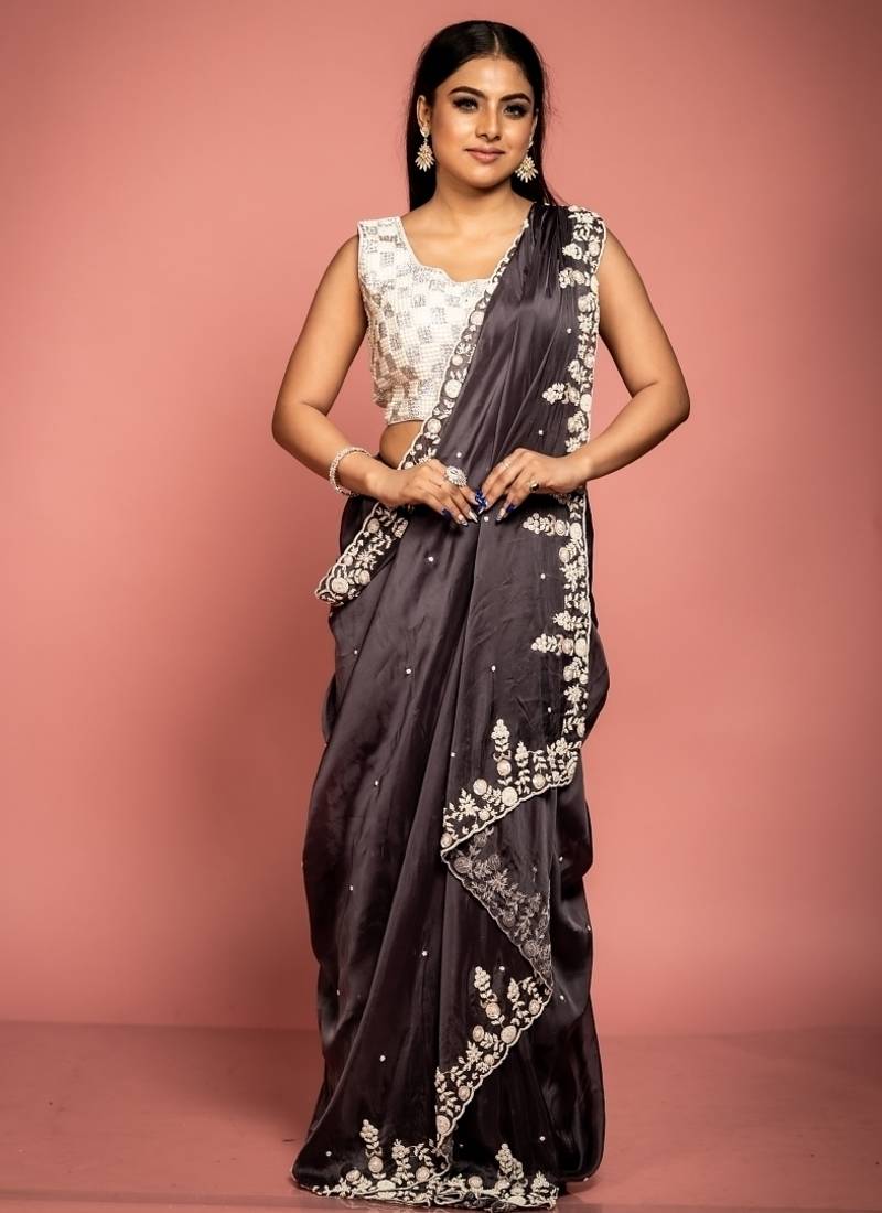 grey woven organza sequins work all seasons sarees