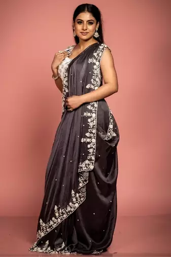 grey woven organza sequins work all seasons sarees