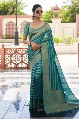 teal color beautiful woven designer partywear ethnic saree