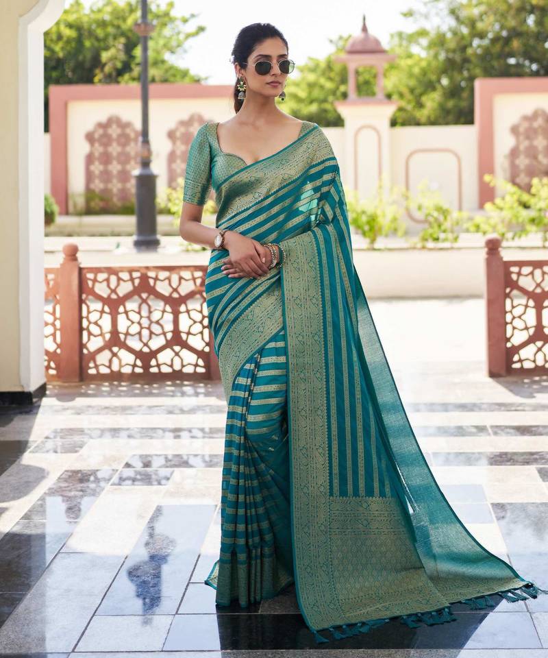 teal color beautiful woven designer partywear ethnic saree