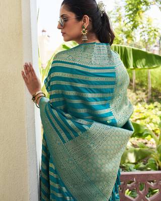 teal woven partywear ethnic saree 3