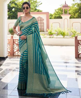 teal woven partywear ethnic saree 4