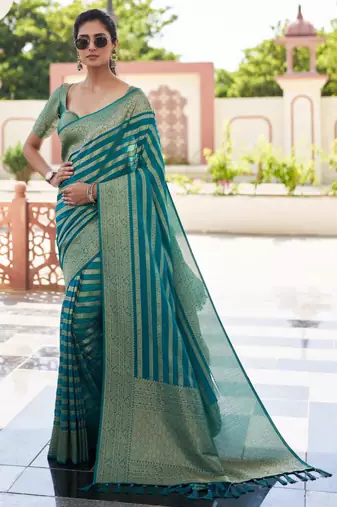 teal woven partywear ethnic saree
