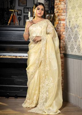 yellow woven organza sequins work all seasons sarees 2