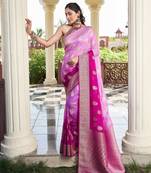 purple color georgette fabric heavy wevon designer work  graceful saree