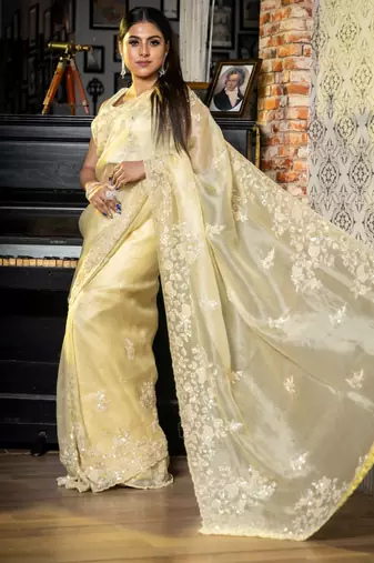 yellow woven organza sequins work all seasons sarees