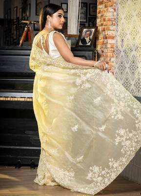 yellow woven organza sequins work all seasons sarees 4