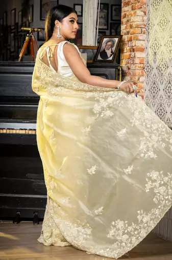 yellow woven organza sequins work all seasons sarees