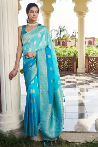firozi color georgette fabric heavy wevon designer work  graceful saree