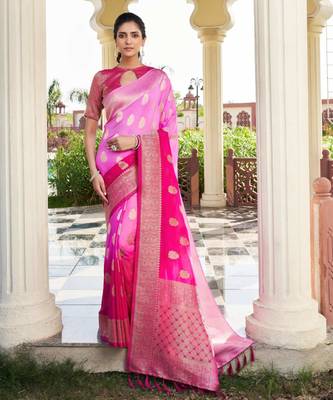 pink georgette heavy wevon work graceful saree 1