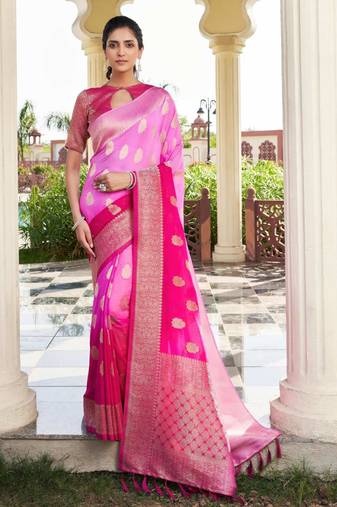 pink color georgette fabric heavy wevon designer work  graceful saree