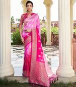 pink color georgette fabric heavy wevon designer work  graceful saree