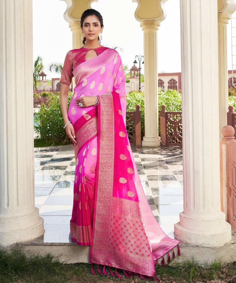 pink color georgette fabric heavy wevon designer work  graceful saree