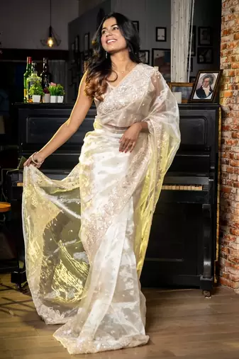 white woven glass tissue sequins work all seasons sarees