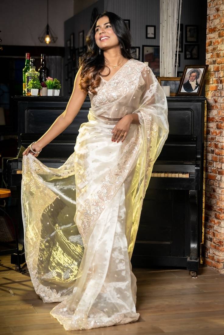 white woven glass tissue sequins work all seasons sarees