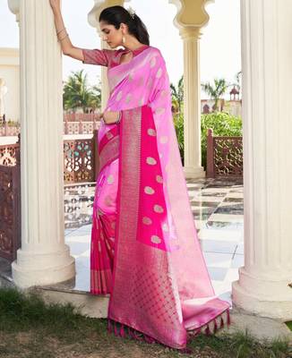pink georgette heavy wevon work graceful saree 2