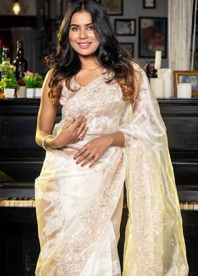 white woven glass tissue sequins work all seasons sarees 2