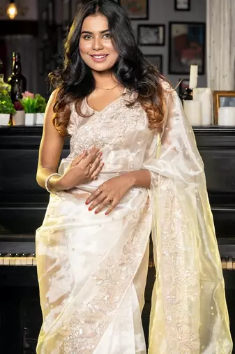 white woven glass tissue sequins work all seasons sarees
