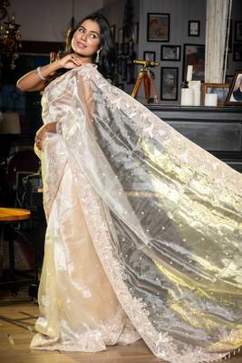 white woven glass tissue sequins work all seasons sarees 3