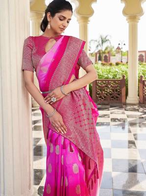 pink georgette heavy wevon work graceful saree 3