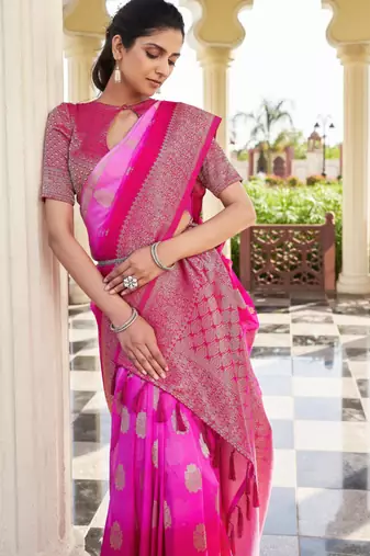 pink georgette heavy wevon work graceful saree