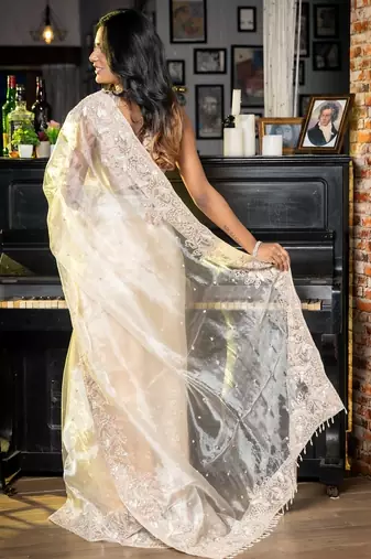 white woven glass tissue sequins work all seasons sarees