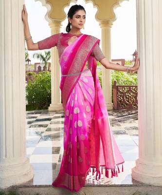 pink georgette heavy wevon work graceful saree 4