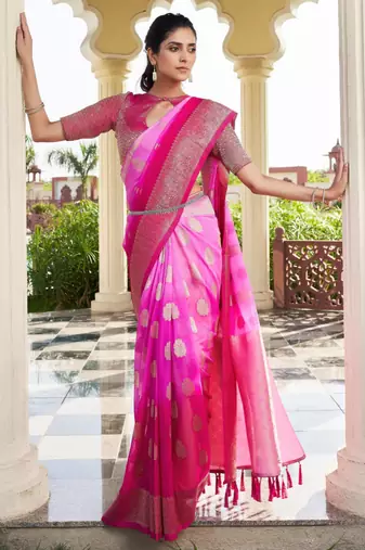 pink georgette heavy wevon work graceful saree