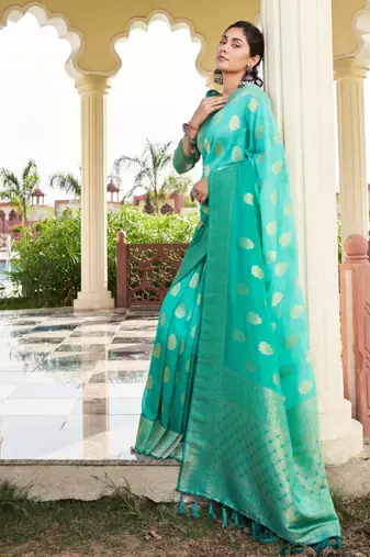 sea green georgette heavy wevon work graceful saree