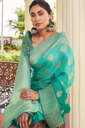sea green georgette heavy wevon work graceful saree