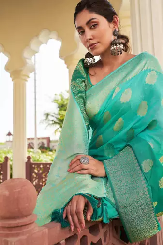 sea green georgette heavy wevon work graceful saree
