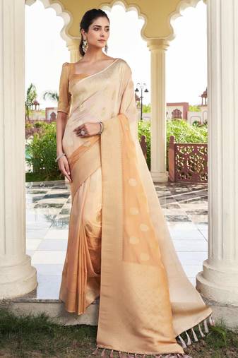 peach color georgette fabric heavy wevon designer work  graceful saree