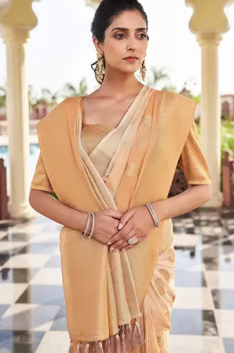 peach georgette heavy wevon work graceful saree
