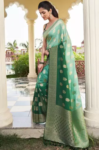 green georgette heavy wevon work graceful saree