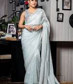 blue woven organza sequins work all seasons sarees