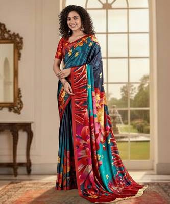 blue deisgner printed crepe art silk blend saree ceremonial presence 1