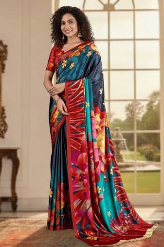 blue color deisgner printed crepe art silk saree for ceremonial presence