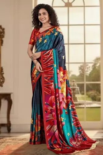 blue color deisgner printed crepe art silk saree for ceremonial presence