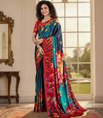 blue color deisgner printed crepe art silk saree for ceremonial presence