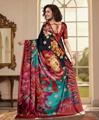 blue deisgner printed crepe art silk blend saree ceremonial presence 2