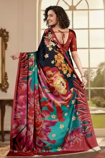 blue deisgner printed crepe art silk blend saree ceremonial presence