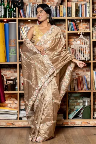gold woven tissue sequins work all seasons sarees