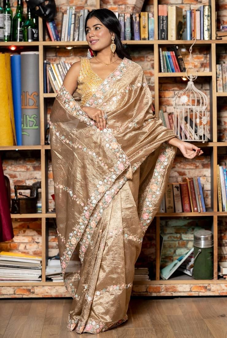 gold woven tissue sequins work all seasons sarees