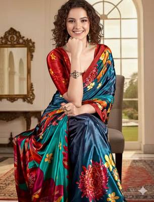 blue deisgner printed crepe art silk blend saree ceremonial presence 3