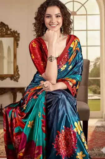 blue deisgner printed crepe art silk blend saree ceremonial presence