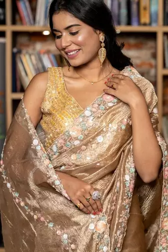 gold woven tissue sequins work all seasons sarees
