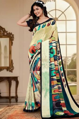 yellow color deisgner printed crepe art silk saree for ceremonial presence