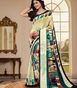 yellow color deisgner printed crepe art silk saree for ceremonial presence
