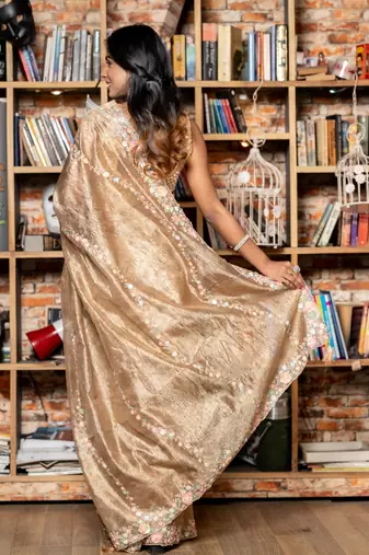 gold woven tissue sequins work all seasons sarees